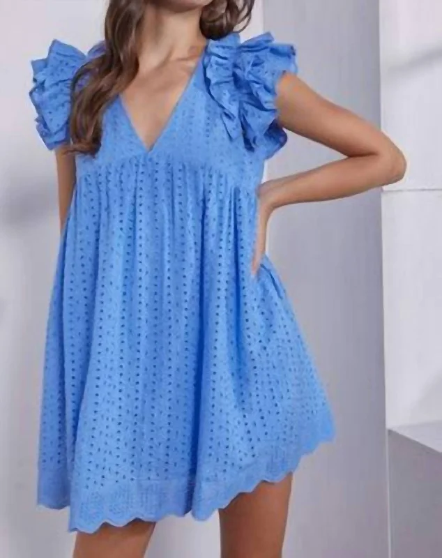 Singing The Blues Eyelet Babydoll Mini Dress In Vista Blue