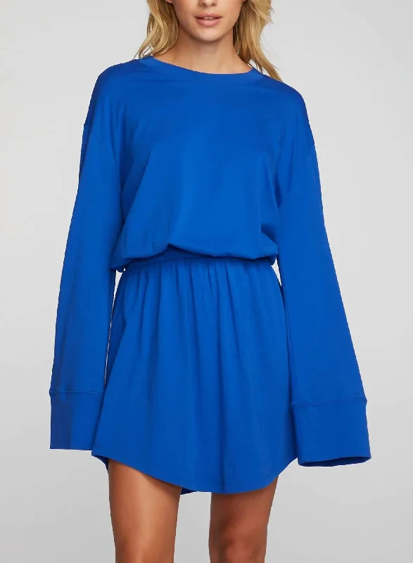 Cotton Jersey Mini Dress With Wide Sleeves in Cobalt Blue