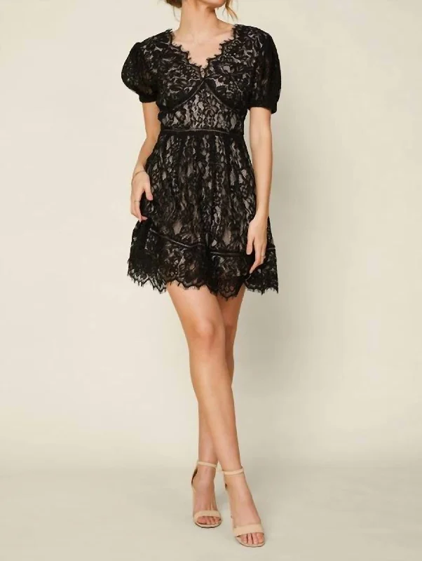 The Alva Short Sleeve Lace Trim Mini Dress In Black