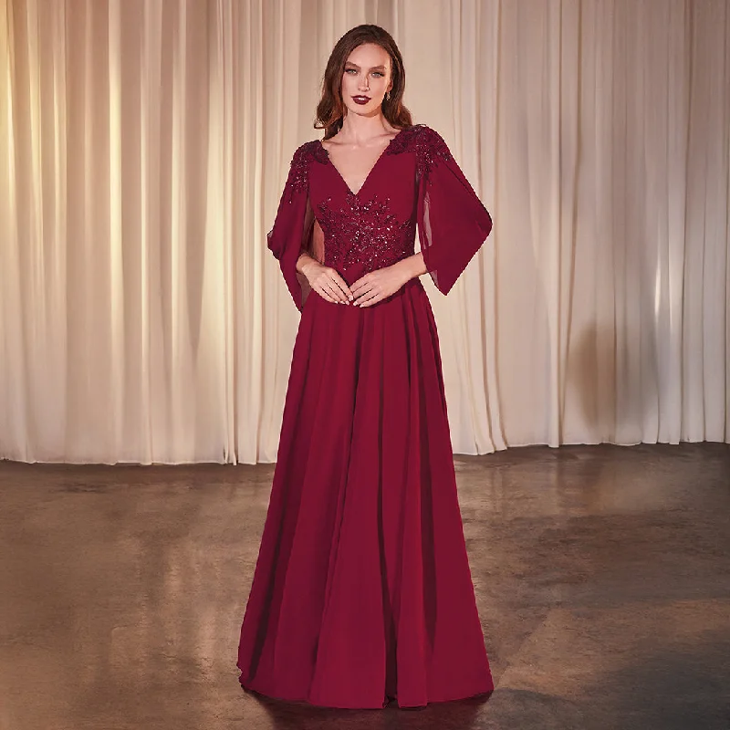 Cinderella Divine Burgundy Chiffon Split Sleeve Prom Gown