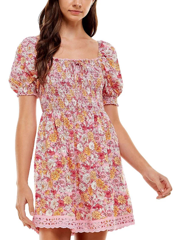 Juniors Womens Floral Smocked Fit & Flare Dress