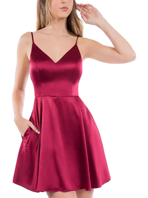 Juniors B Darlin Womens Satin Mash Inset Fit & Flare Dress