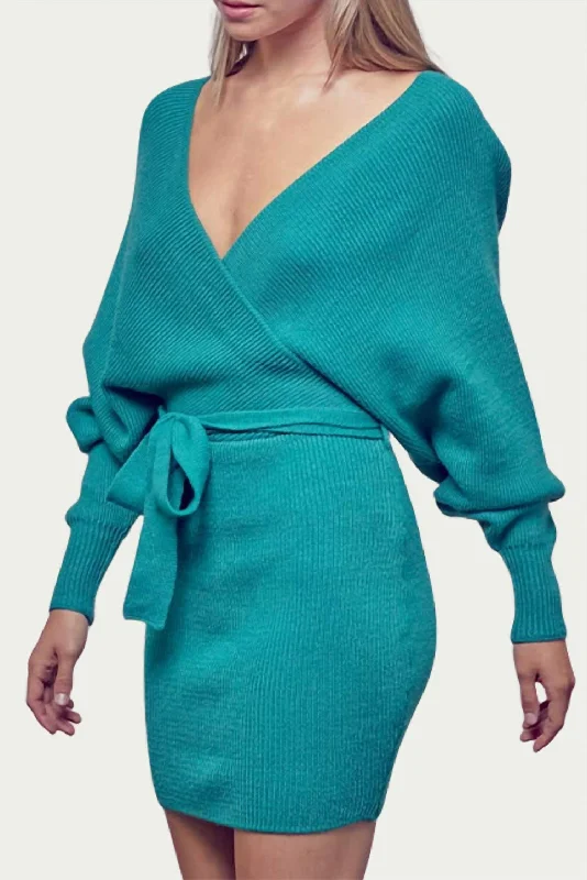 Wrap-Effect Ribbed-Knit Mini Dress in Jade