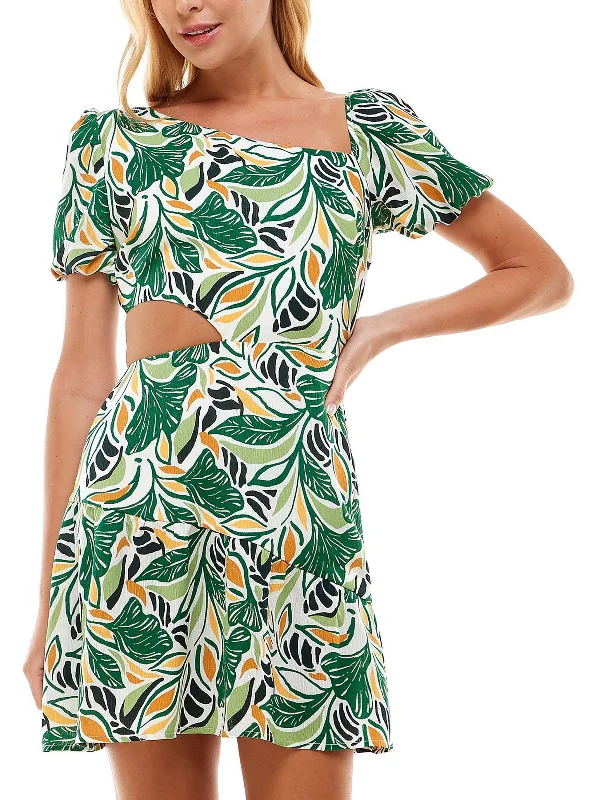 Juniors Womens Printed Cut-Out Fit & Flare Dress