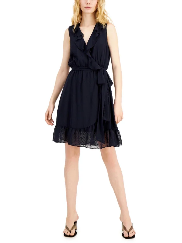 Womens Dotted Swiss Ruffled Mini Dress