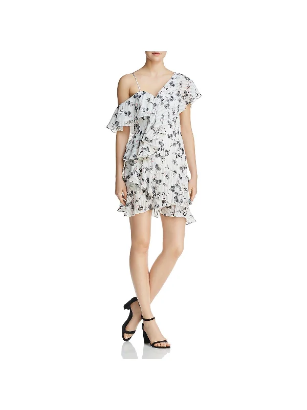 Womens Cold Shoulder Floral Print Mini Dress