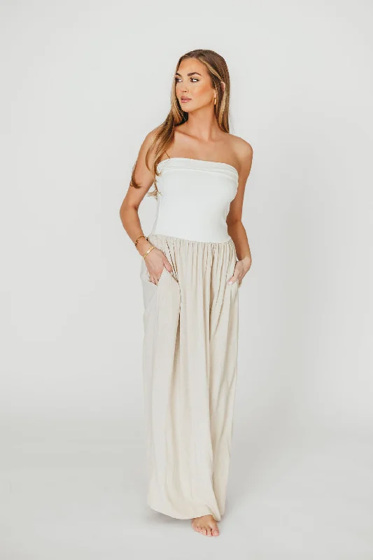 Kaylee Linen and Ribbed Knit Maxi Dress in White/Oatmeal