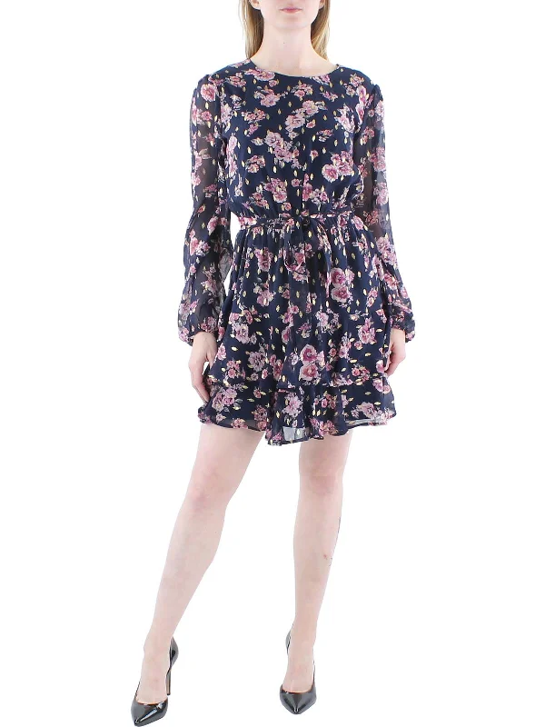 Juniors Womens Chiffon Floral Fit & Flare Dress