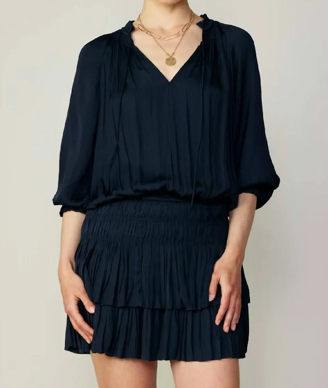 Aurelie Pleated Mini Dress In Navy