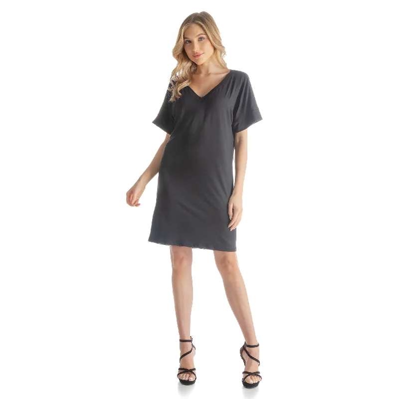 24seven Comfort Apparel Solid Color Loose Fit V Neck T Shirt Style Womens Knee Length Dress