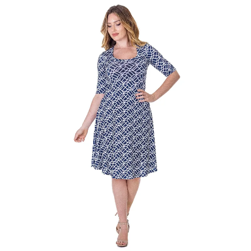 24seven Comfort Apparel Womens Navy Geometric Print Knee Length Elbow Sleeve Dress