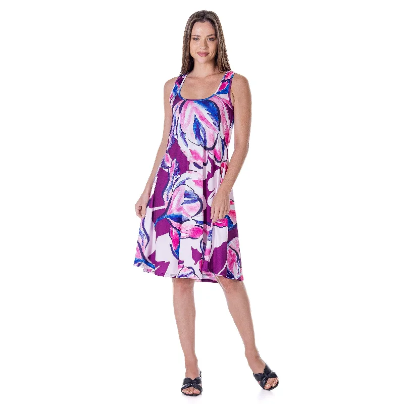 24seven Comfort Apparel Womens Purple Floral Sleeveless Knee Length Tank Swing Dress