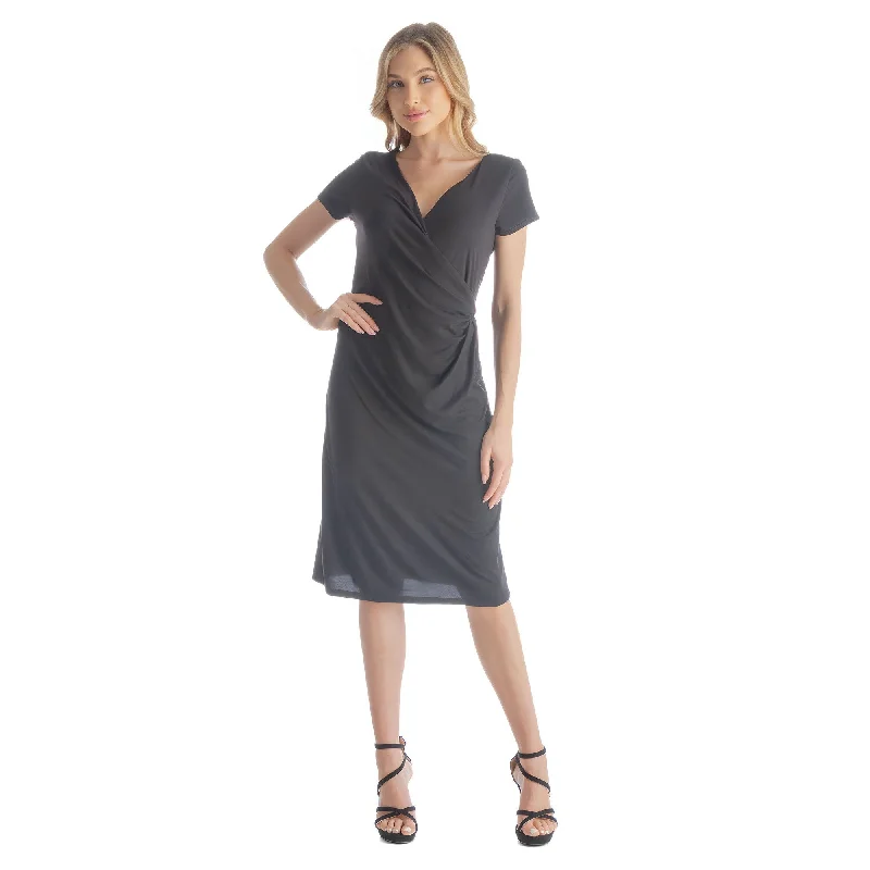 24seven Comfort Apparel Womens Short Sleeve Knee Length Faux Wrap Dress