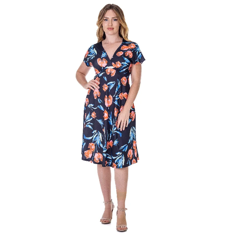 24seven Comfort Apparel Womens Tulip Print V Neck Empire Waist Kimono Cap Sleeve Knee Length Dress