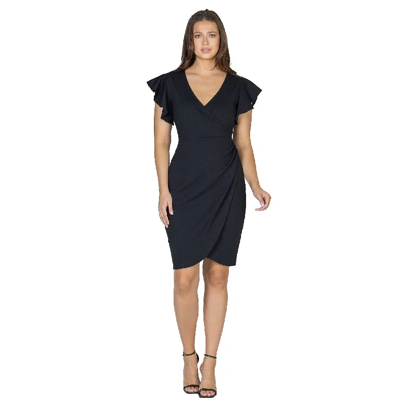 24seven Comfort Apparel Womens V Neck Ruffle Sleeve Knee Length Dress