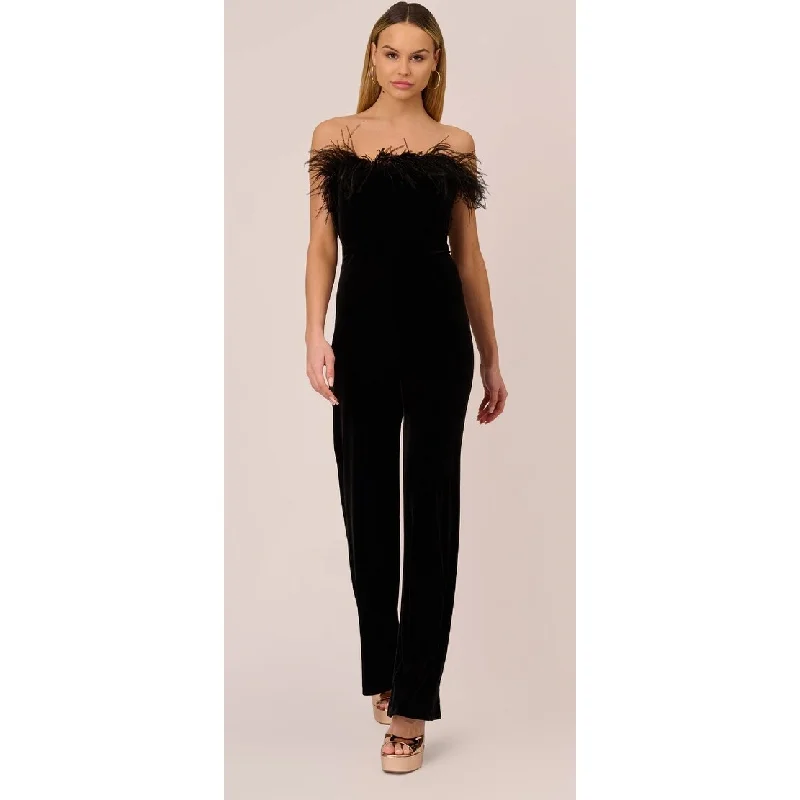 Aidan By Aidan Mattox Women's Strapless Feather Trim Velvet Jumpsuit Black Size -size-