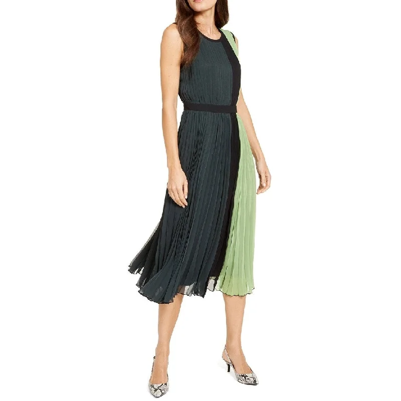 Alfani Women's Colorblocked Pleated Sleeveless Dress Green Size 2