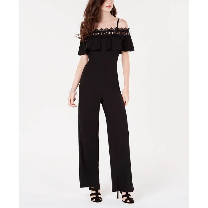 BCX Women's Lace Trim Off the Shoulder Jumpsuit Black Size 15