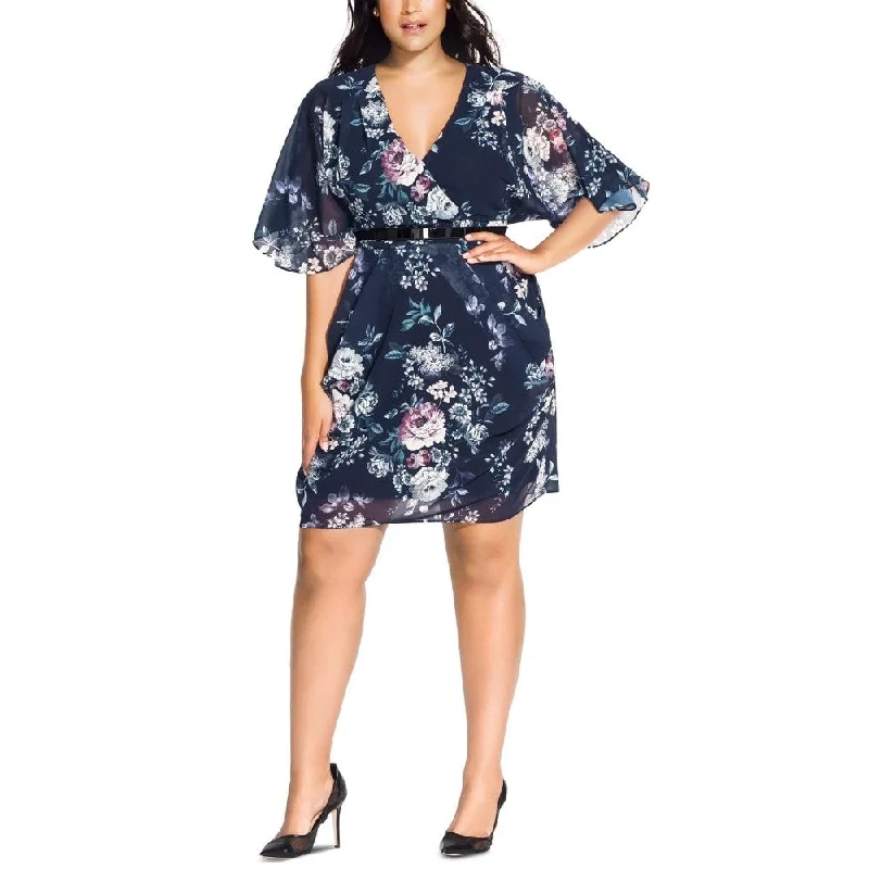 City Chic Women's Trendy Mysterious Floral Print Belted Dress Blue Size 24W