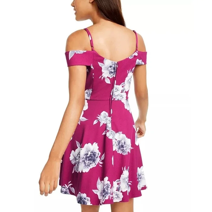 City Studios Juniors' Off-The-Shoulder Floral-Print Dress Wine Size 0