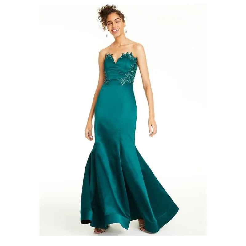 City Studios Women's Embellished Textured Strapless Full Length Formal Mermaid Dress Green Size 15