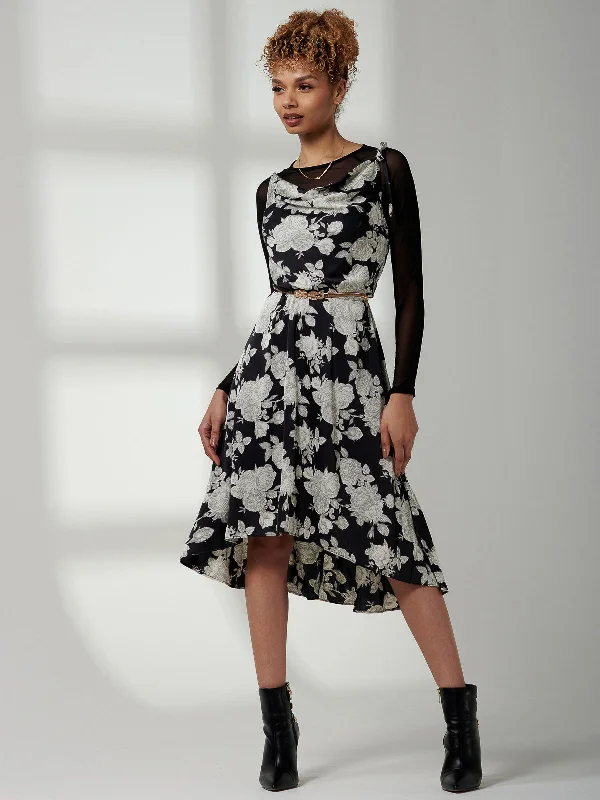 Clarissa Satin Draped Cowl Neck Dress, Black Floral