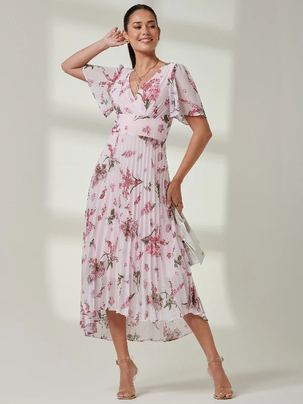 Floral Pleated Chiffon Dip Hem Dress, Pink Floral