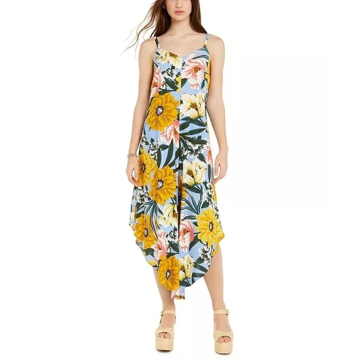 JUST HANGING Juniors' Floral-Print Asymmetrical-Hem Cropped Jumpsuit Blue Size X-Large