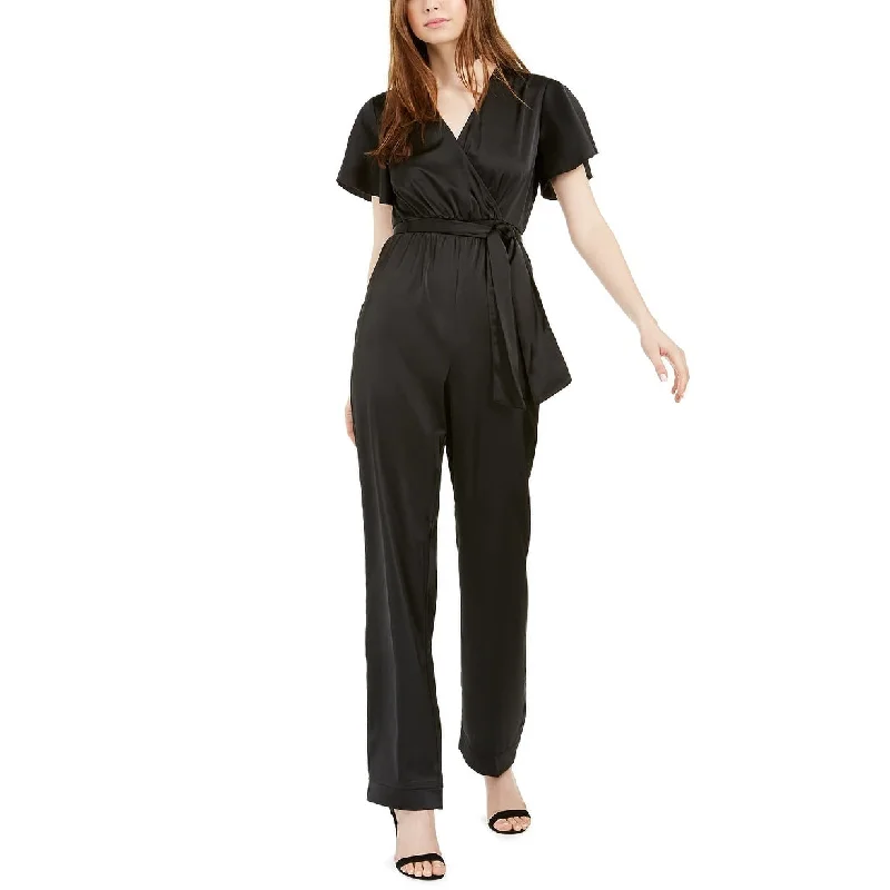 Kendall + Kylie Women's Belted Silk Short Sleeve V Neck Empire Waist Jumpsuit Black Size X-Large