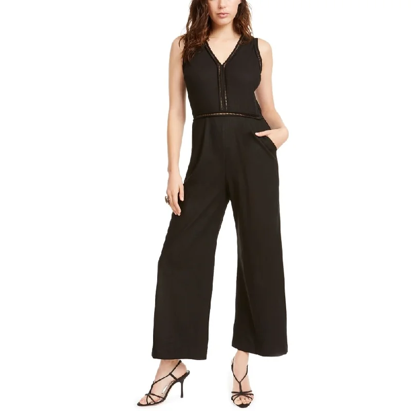 Monteau Women's Lattice Detail Linen Blend Jumpsuit Black Size Petite Large