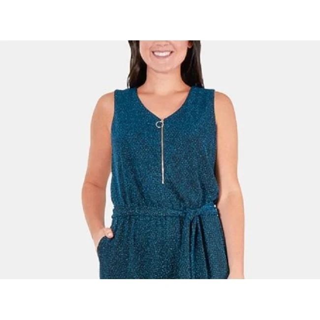 Ny Collection Women's Glitter Zipper Front Sash Jumpsuit Blue Size Petite Medium