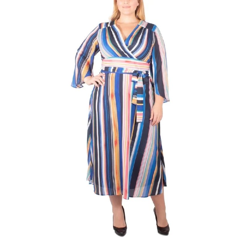 Ny Collection Women's Striped Belted Wrap Dress Navy Size 1X