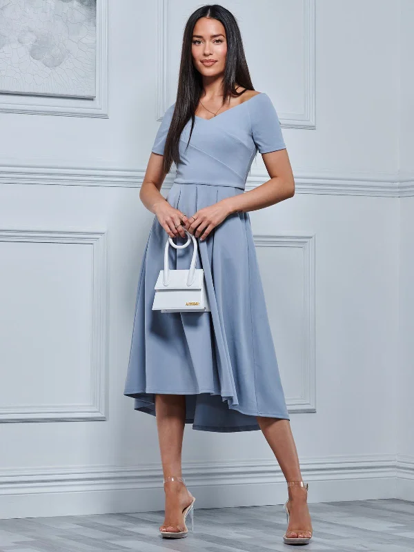 Off The Shoulder Dip Hem Dress, Steel Blue