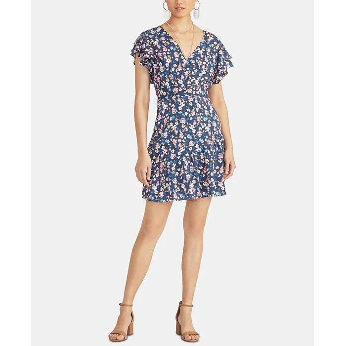 Rachel Roy Women's Pierce Printed Flutter Sleeve Dress Blue Size 8