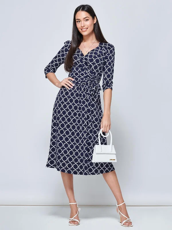 Raegan Wrap Tie Side Jersey Dress, Navy Geo