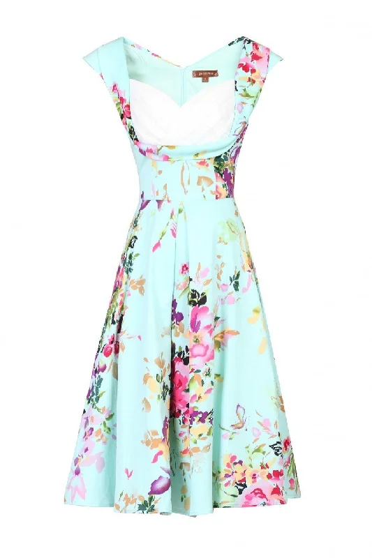 Retro Crossover Bust Swing Dress, Green Floral