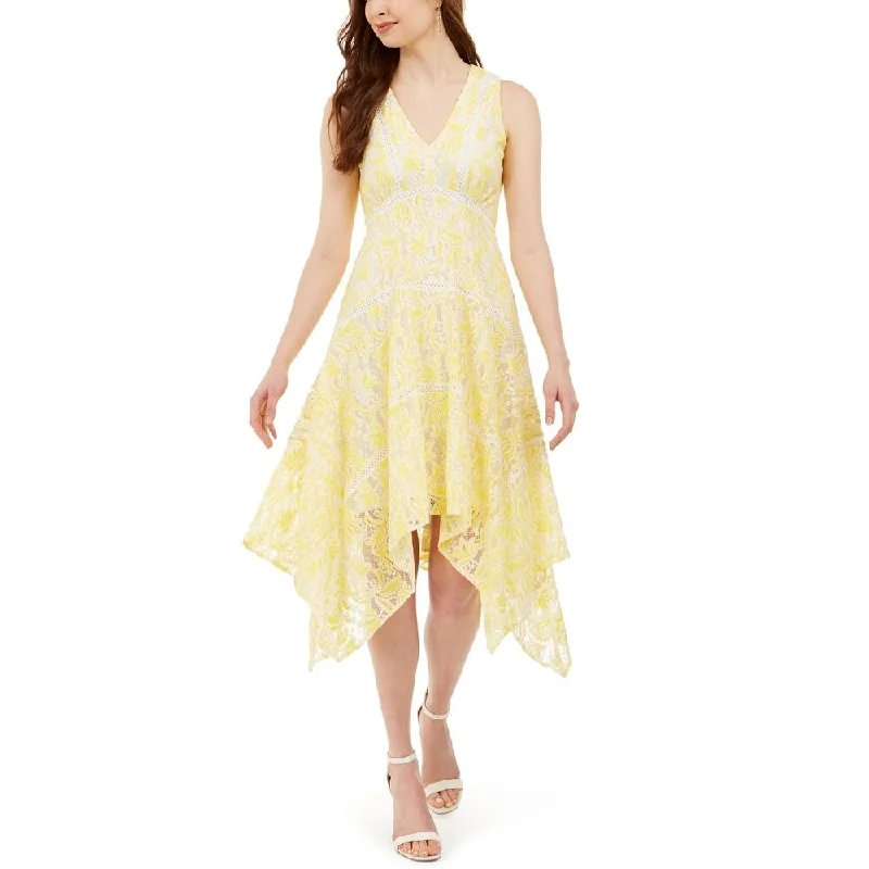 Taylor Women's Two-Tone Lace Handkerchief-Hem Dress Yellow Size Medium Regular