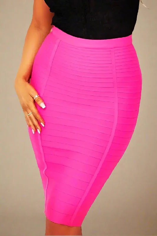 Pencil High Waist Bandage Knee Length Knitted Skirt - Hot Pink