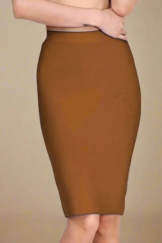 Pencil High Waist Bandage Knee Length Skirt - Tan Brown