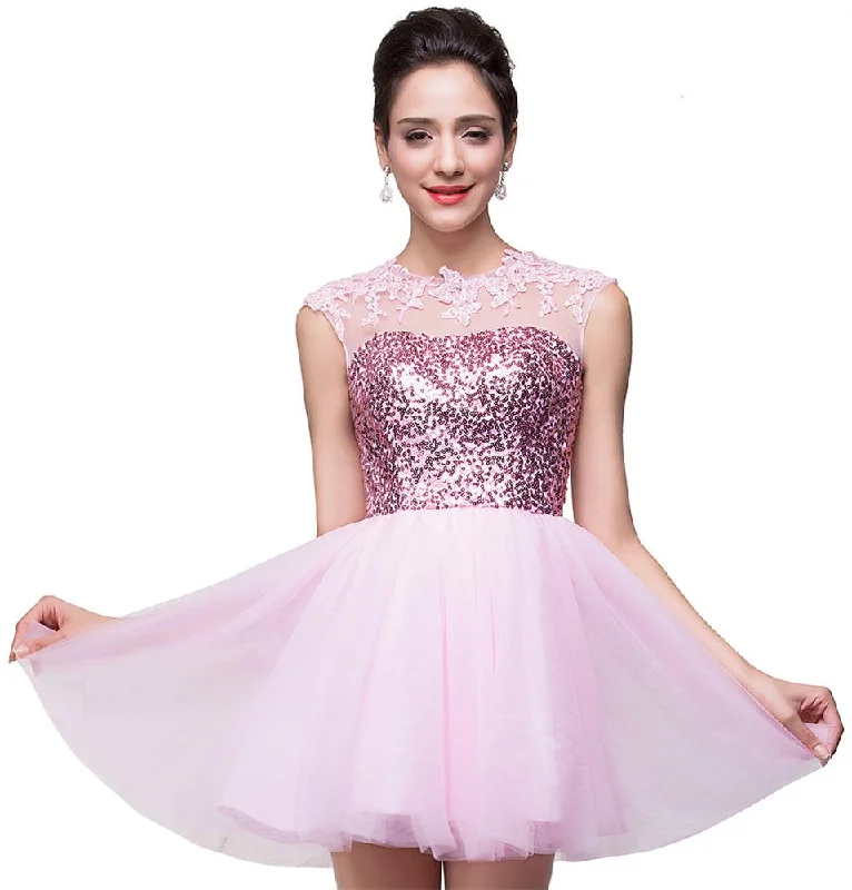 Cute Pink Sequins Sleeveless Homecoming Dress - 319643