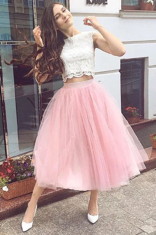 2023 Two-Piece Homecoming Dresses Bateau A Line Tulle & Lace Tea Dress      S3123