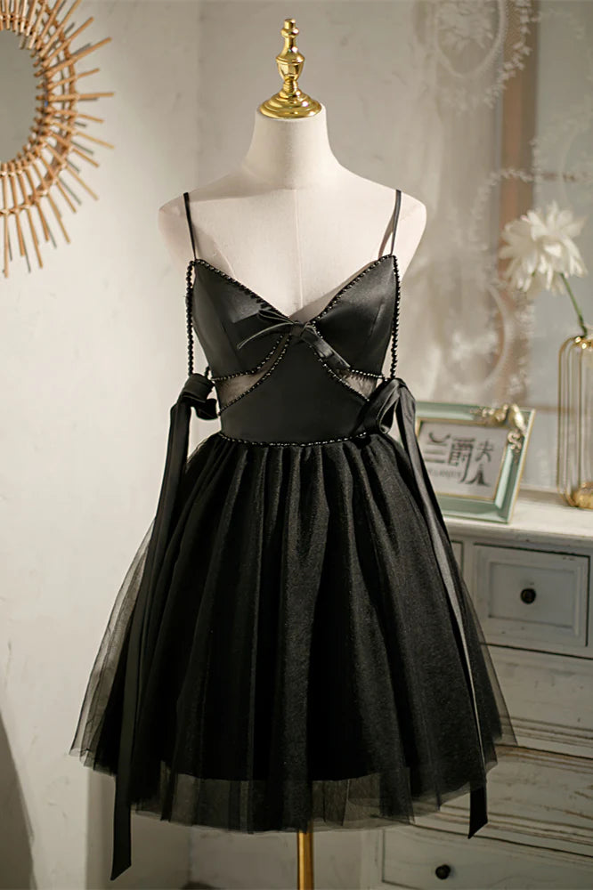 Black Beaded Cut-Out Bow Tie Straps Homecoming Dress    S2907