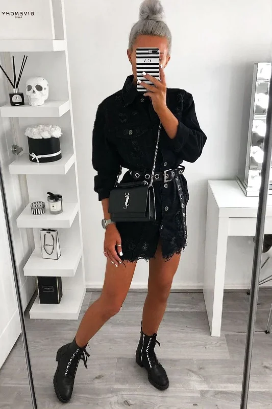 Black Washed Distressed Denim Shirt Dress - Chloey