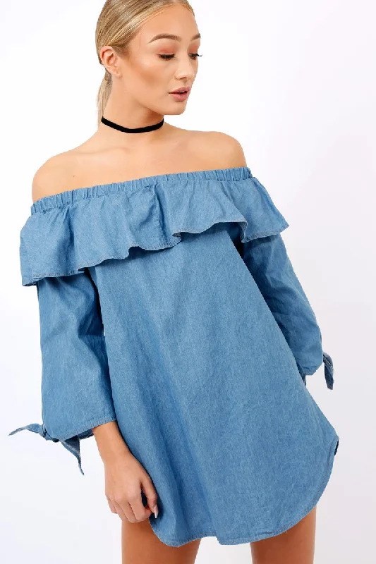 Denim Blue Frill Bardot Dress - Layna