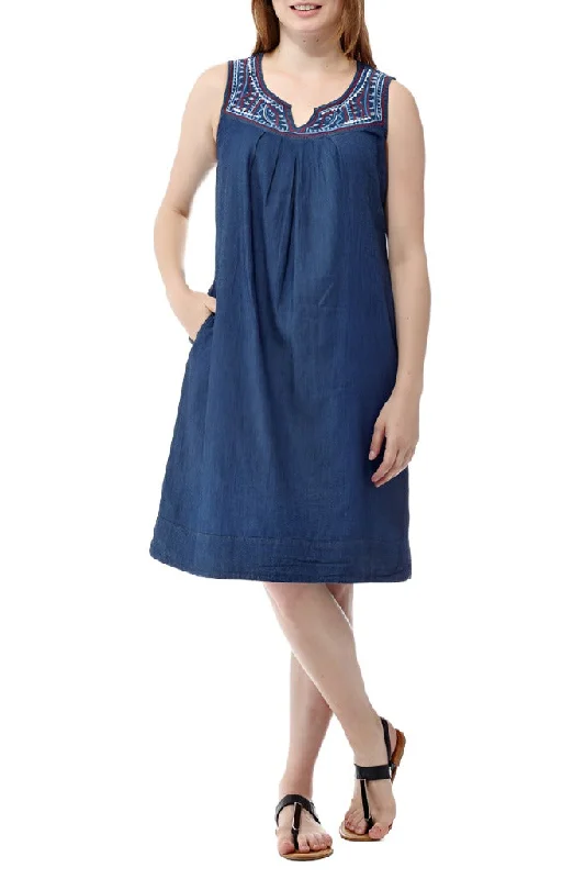 La Cera Sleeveless Embroidered Denim Dress