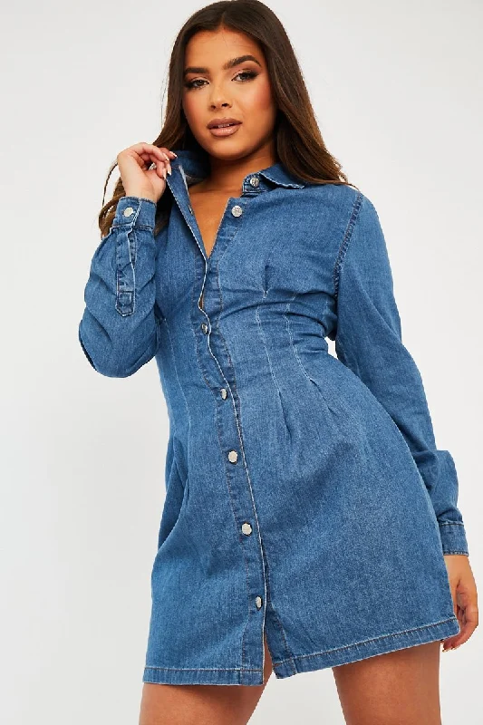 Mid Blue Tailored Waist Denim Shirt Dress - Danaria