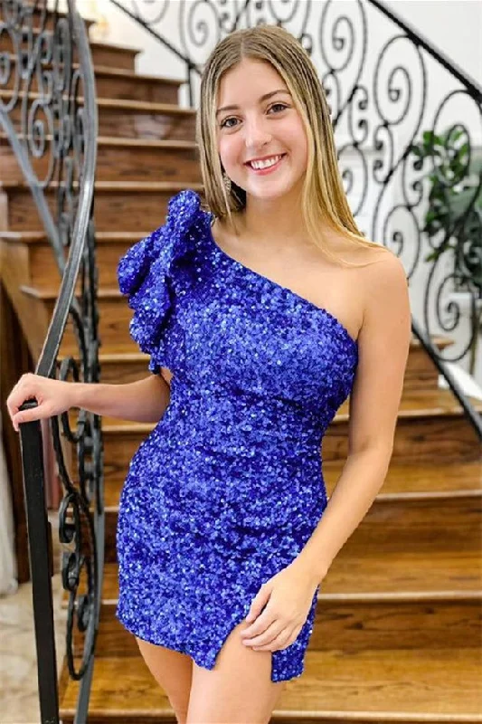 Royal Blue One Shoulder Puff Sleeve Sequins Sheath Homecoming Dress      S3514