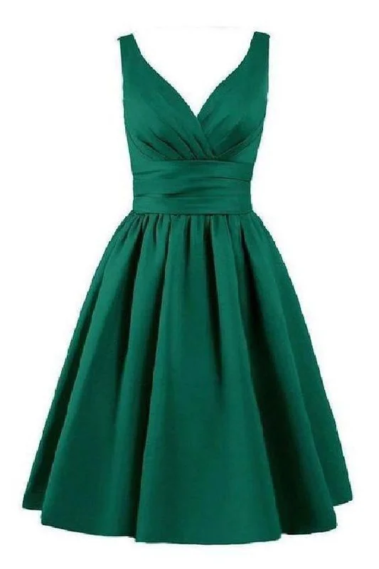 Sleeveless Pleated Hunter Ruched V Neck A Line Satin Elegant Homecoming Dresses       S2983