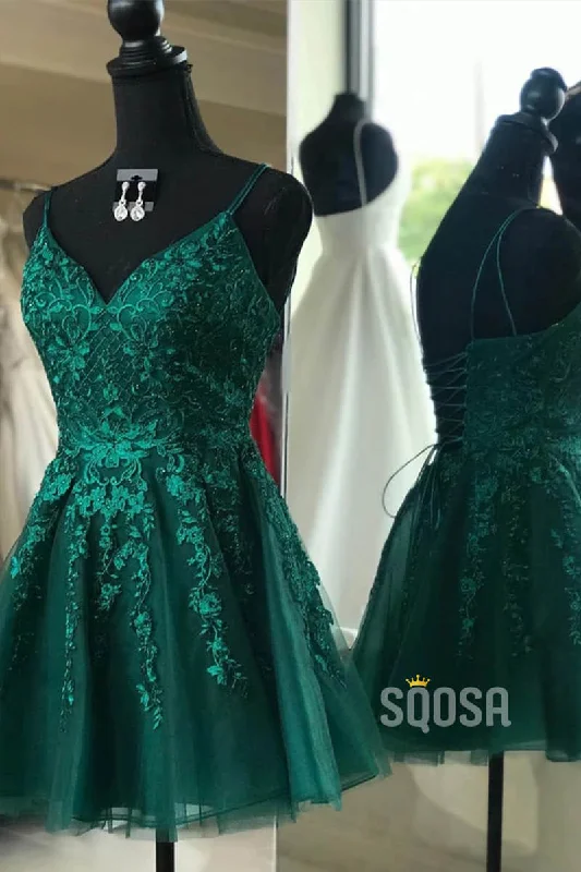 Spaghetti Straps Green Tulle Appliques A-Line Homecoming Dress QH0827