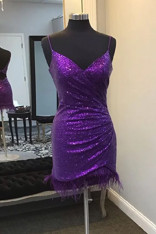 V-Neck Sequins Homecoming Dress with Feather Hem        S3032